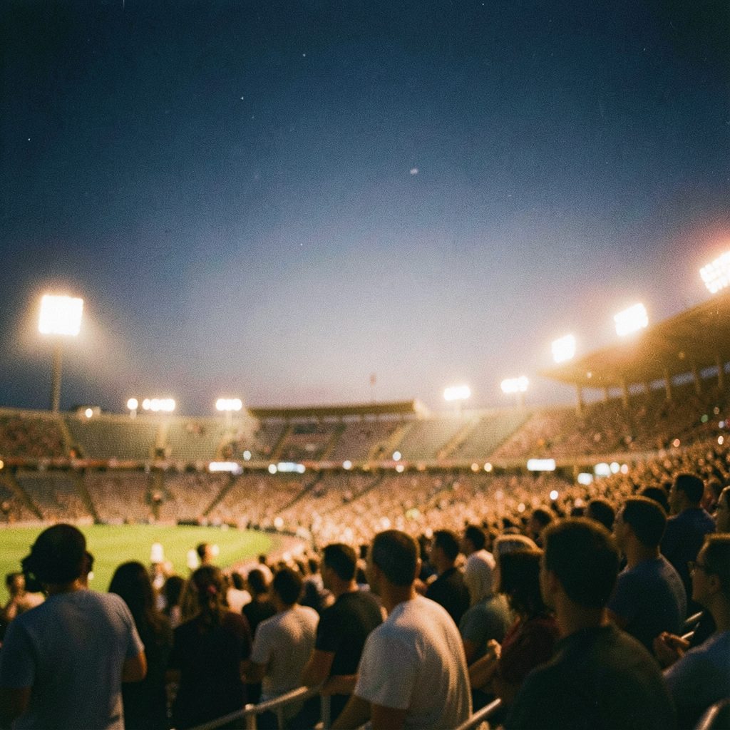 A warm-toned analog film photograph with visible grain showing an atmospheric stadium scene at dusk, deep navy sky fading into amber floodlights, quiet and contemplative mood